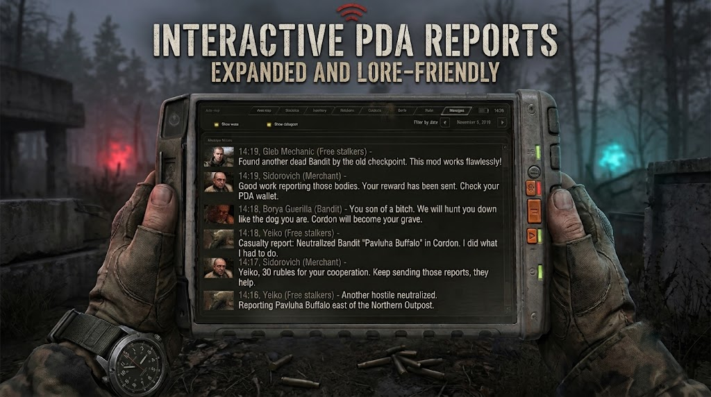 Banner de Interactive PDA Reports para STALKER Anomaly - Interfaz PDA con mensajes